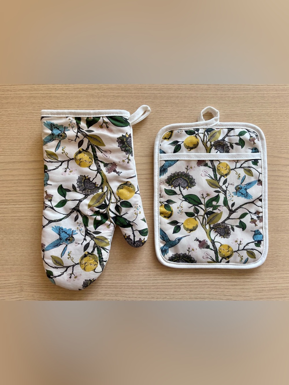 Oven Mitt & Pot Holder Set - Lemon, Bird, Floral Yellow, Blue, Green - 2 Pieces